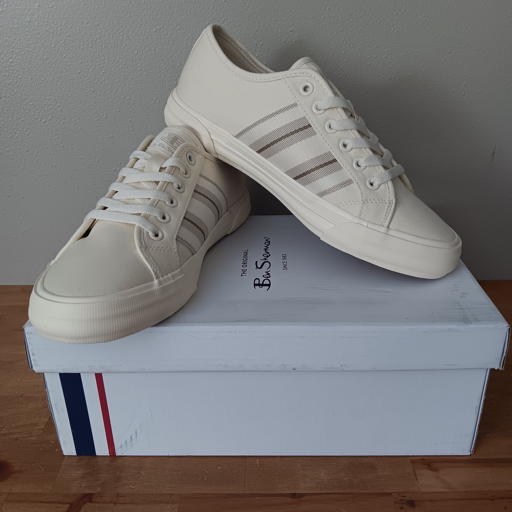 Ben Sherman Blackpool Sneakers Mens 7.5 D Cream NWB Canvas Low Top Striped